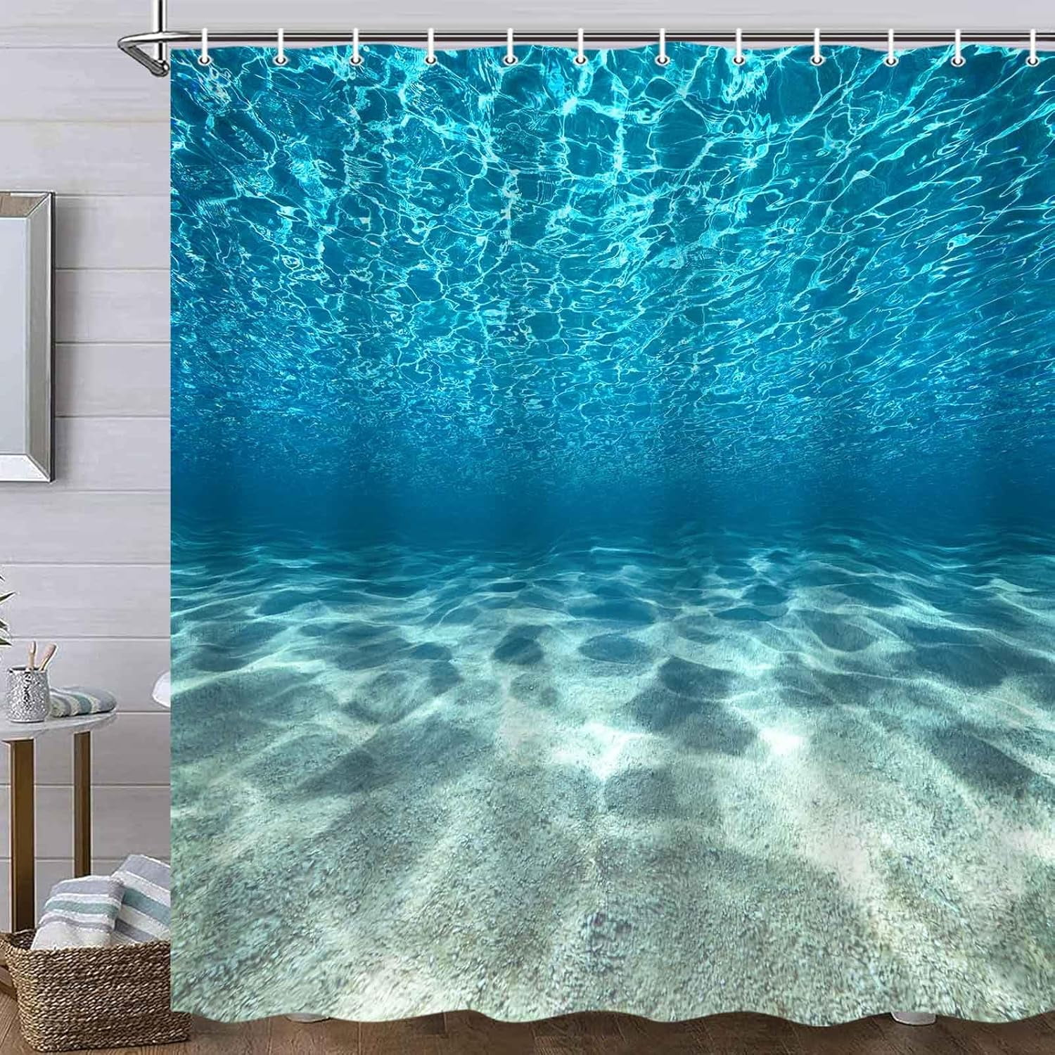 Outdoor Garden Shower Curtain, Summer Beach Palm Tree Ocean Seascape Through White Wooden Windows Tropical Island Blue Green Bath Curtain, Waterproof Bathroom Decor With Hooks, 180X180cm/ 71X71 In - View #5