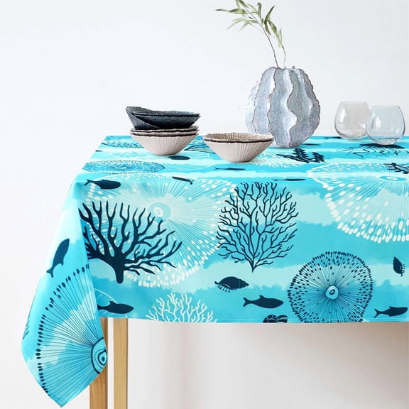 Blue Ocean Beach Tablecloth, Coastal Nautical Table Cover Rectangle 60 x 84 for Summer Party,Perfect for Kitchen Dinner, Restaurant ,Outdoor Holiday Picnic Waterproof Table Cloth, Decorative Border