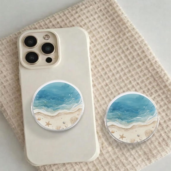 Blue Ocean Beach Watercolor Phone Grip, Summer Sea Wave Griptok, Coastal Aesthetic Phone Stand, Tropical Starfish Shell Gift, Gift for Her