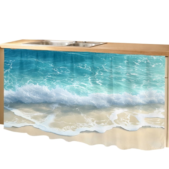 Blue Ocean Beach Waves Cabinet Curtains Modern Art Decoration Sink Skirt Privacy Short Cabinet Curtain for Kitchen Bathroom Self Adhesive Waterproof Under Sink Curtain 28" W x 51" L