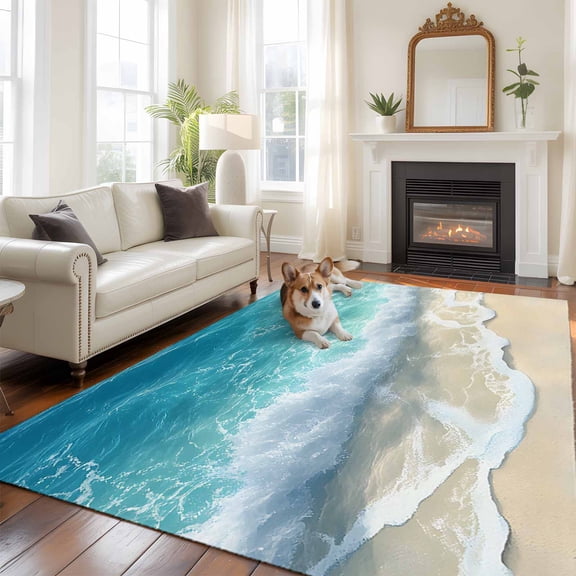 Blue Ocean Beach Waves Washable Area Rug 5x7 Modern Art Decoration Low-Profile Large Area Rugs with Non Slip Backing Indoor Floor Carpet for Entrance Living Room Bedroom Home Office