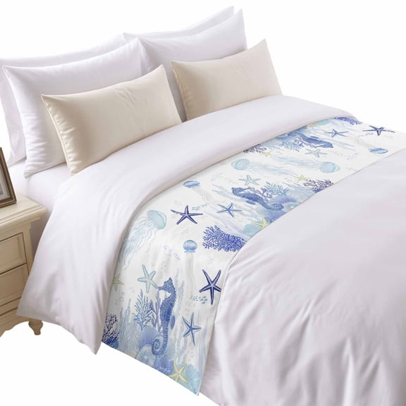 Blue Ocean Bed Runner for Twin Size Bed, Seahorses Jellyfish Starfish Watercolor Coastal Soft Bedding Scarf Bedding Protector Slipcover Sofa Throw for Bedroom Hotel Guesthouse
