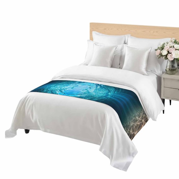 Blue Ocean Bed Runner for Twin Size Bed, Underwater World Clear Water Ripple Sunlight Soft Bedding Scarf Bedding Protector Slipcover Sofa Throw for Bedroom Hotel Guesthouse