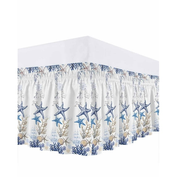 Blue Ocean Bed Skirt California King Size 18" Drop Starfish Shell Coral Vintage Nautical Theme Marine Ruffled Wrap Around Bed Skirts Adjustable Elastic Bedskirt Dust Ruffle for California King Beds
