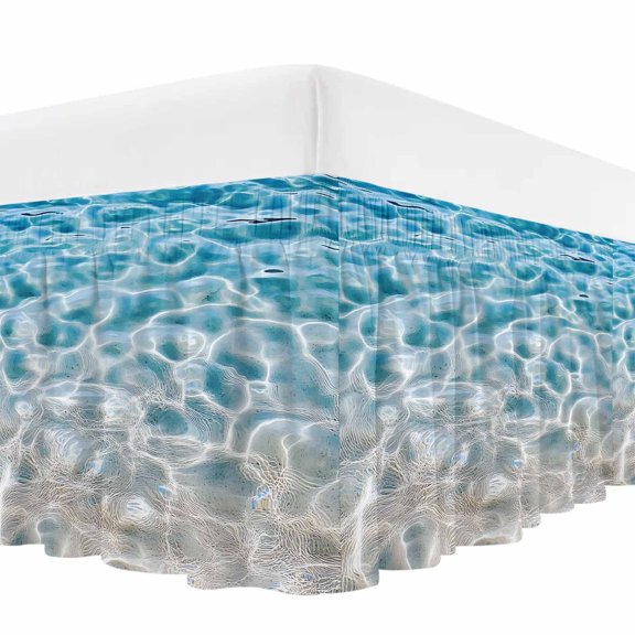 Blue Ocean Bed Skirt Queen Size, Underwater Sea Waves Water Ripple Seascape Wrap Around Bed Skirting with Adjustable Elastic Strap, Dust Ruffle Pleated Bedskirts 16 Inch Drop for Bedroom Queen Beds