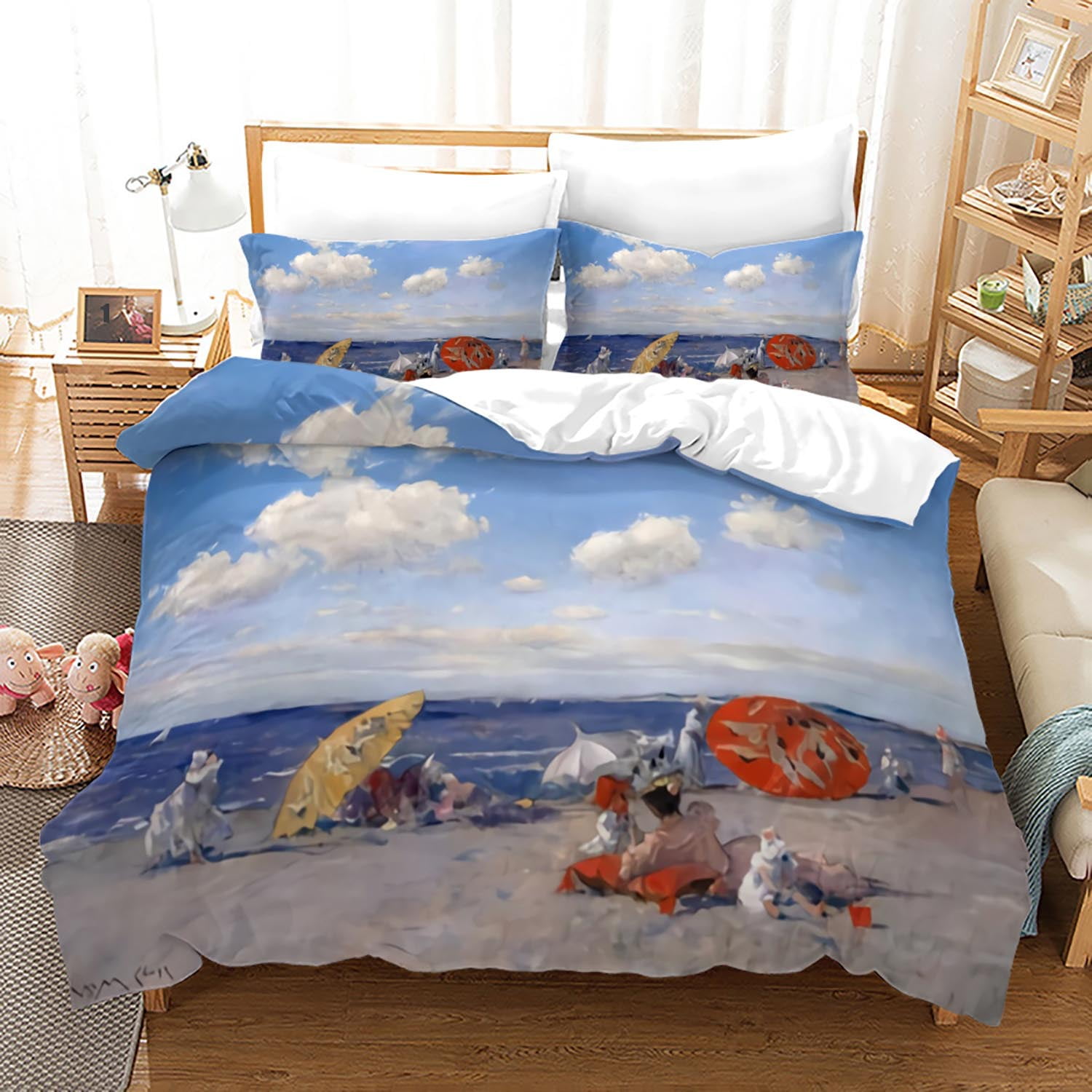 Blue Ocean Bedding Beach Theme Duvet Cover Set Queen Size Seagull and ...