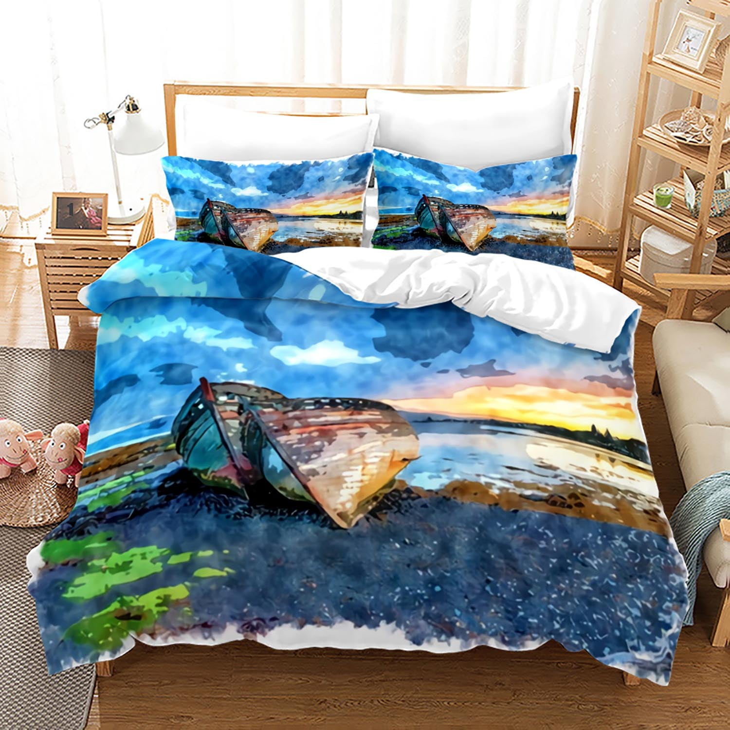 Blue Ocean Bedding Beach Theme Duvet Cover Set Queen Size Seagull and Seaside Rocks Seascape