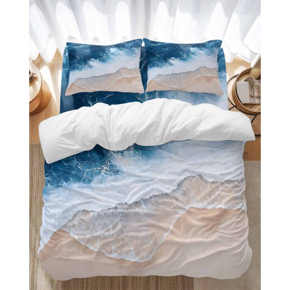 Blue Ocean Bedding Duvet Cover Set Queen Size 4 Pieces Wave Beach Abstract Seaside Scenery Nature Bedding Set with Zipper Closure, 1 Comforter Cover 90x90 Inches 1 Flat Sheet & 2 Pillow Cases