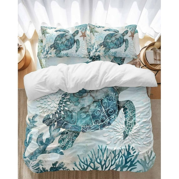 Blue Ocean Bedding Duvet Cover Set Twin Size 4 Pieces Sea Turtle Coral Starfish Retro Bedding Set with Zipper Closure, 1 Comforter Cover 68x86 Inches 1 Flat Sheet & 2 Pillow Cases