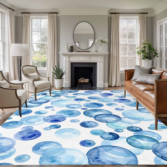 Blue Ocean Bubble Area Rugs 8'x10', Washable Small Throw Rugs for Living Room Patio, Watercolor Sea Bubble Summer Indoor Outdoor Rug Non-Slip Low Pile Carpet Runner Reversible Floor Mats