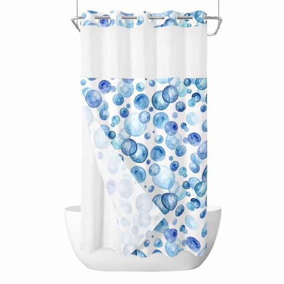 Blue Ocean Bubble No Hook Shower Curtain with Snap in Liner, Waterproof Fabric Shower Curtains, Watercolor Sea Bubble Summer Shower Curtain Set Top See Through for Bathroom 36"x72"