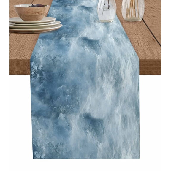 Blue Ocean Burlap Cotton Table Runner 13x48 Inches Long, Modern Waves Monochrome Sea Shore Landscape Farmhouse Table Runners, Outdoor Dining Tablecloths Decor for Baby Shower/Party/Wedding