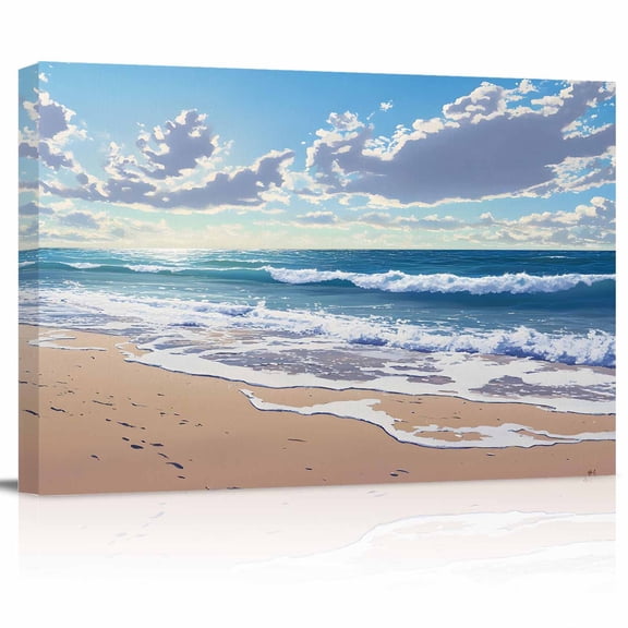 Blue Ocean Canvas Print Wall Art Waves Beach Cloudy Sky Nature Seaside Scenery Pictures Painting Morden Artwork for Living Room Bedroom, Ready to Hang - 12"x16"