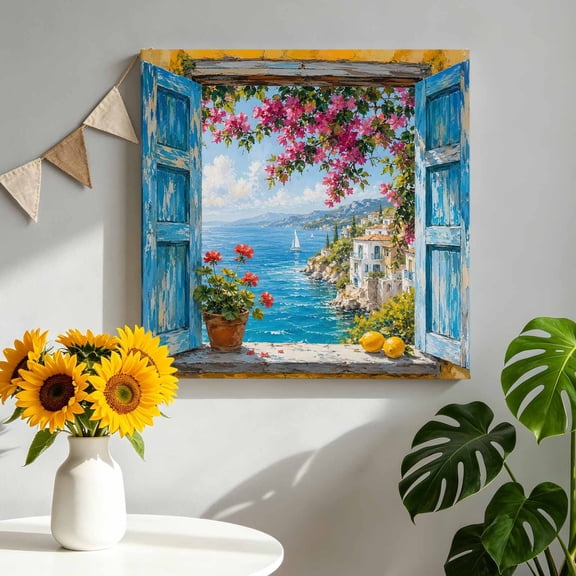Blue Ocean Canvas Wall Art, Coastal Open Window Sailing Boats Floral Vines Landscape Framed Picture Canvas Wall Art Print Decor Artwork Decorations for Living Room Bedroom Ready to Hang 8" x 8"