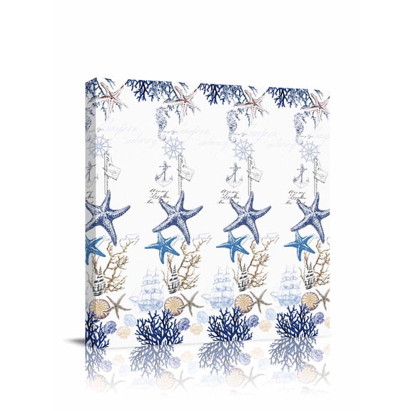 Blue Ocean Canvas Wall Art, Starfish Shell Coral Vintage Nautical Theme Marine Framed Wall Decor Modern Artwork Prints Painting for Living Room, Bedroom, Kitchen & Cafe Decor 24x24 Inch
