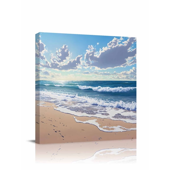 Blue Ocean Canvas Wall Art, Waves Beach Cloudy Sky Nature Seaside Scenery Framed Wall Decor Modern Artwork Prints Painting for Living Room, Bedroom, Kitchen & Cafe Decor 8x8 Inch