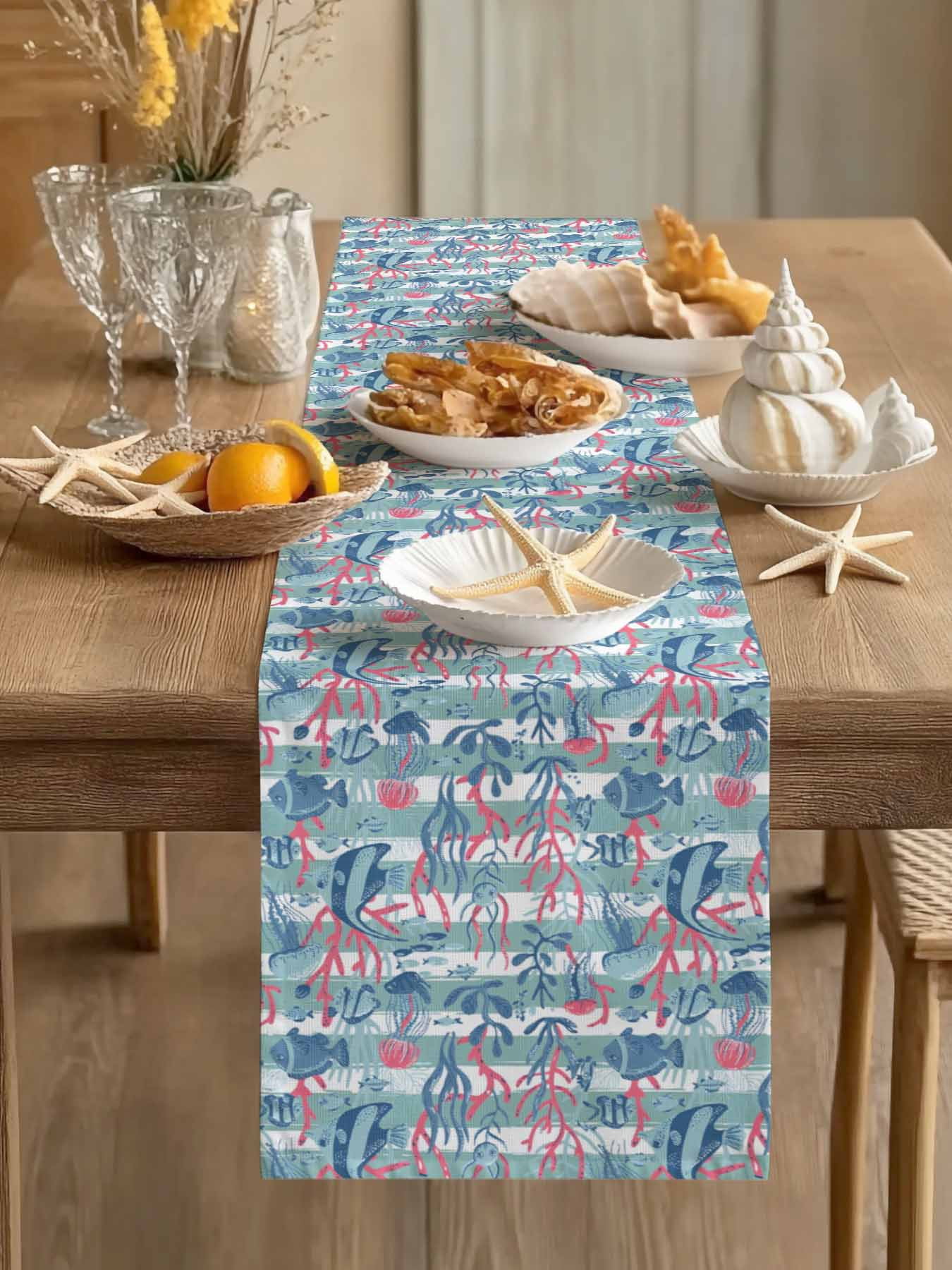 Blue Ocean Cartoon Fish Coral Table Runner 13x70in Non-Slip Cotton ...