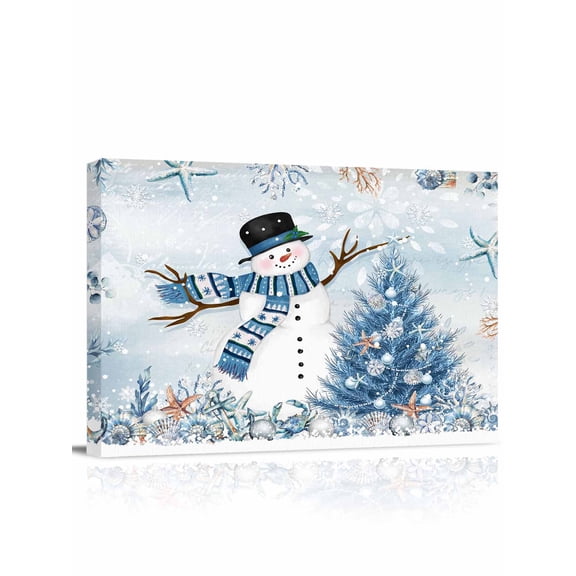 Blue Ocean Christmas Canvas Print Wall Art Winter Snowman Tree Coral Starfish Pictures Painting Morden Artwork for Living Room Bedroom, Ready to Hang - 12"x16"