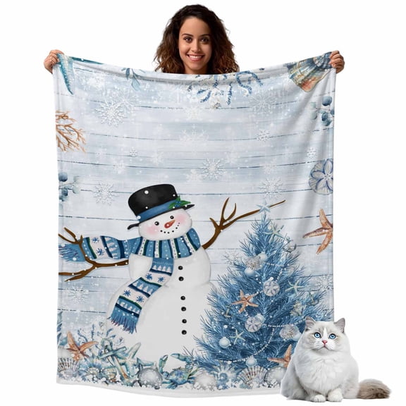 Blue Ocean Christmas Flannel Blanket for Bed,Travel and Camping, Winter Snowman Tree Coral Starfish Wood Super Soft Cozy Blanket for All Seasons 30"x40"