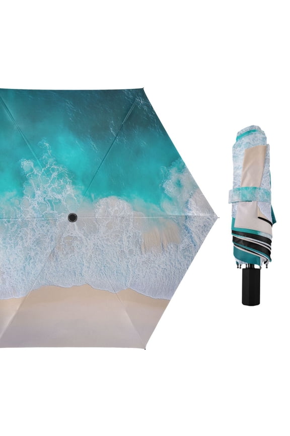 Blue Ocean Clear Beach All Weather Umbrella Triple Folding Parasol 6 Ribs UV Protection Portable