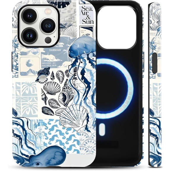Blue Ocean Collage Summer Magnetic Phone Case for iPhone 13 Pro 6, 1", Cute Aesthetic Beach Seashell Pattern 2-in-1 Layer Compatible with MagSafe Phone Cover
