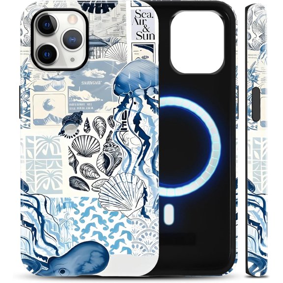Blue Ocean Collage Summer Magnetic Phone Case for iPhone 13 iPhone 14 6, 1", Cute Aesthetic Beach Seashell Pattern 2-in-1 Layer Compatible with MagSafe Phone Cover