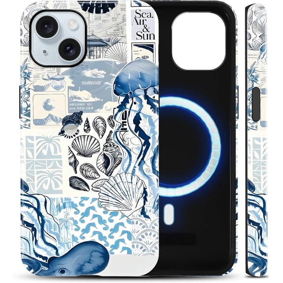 Blue Ocean Collage Summer Magnetic Phone Case for iPhone 15 6, 1", Cute Aesthetic Beach Seashell Pattern 2-in-1 Layer Compatible with MagSafe Phone Cover