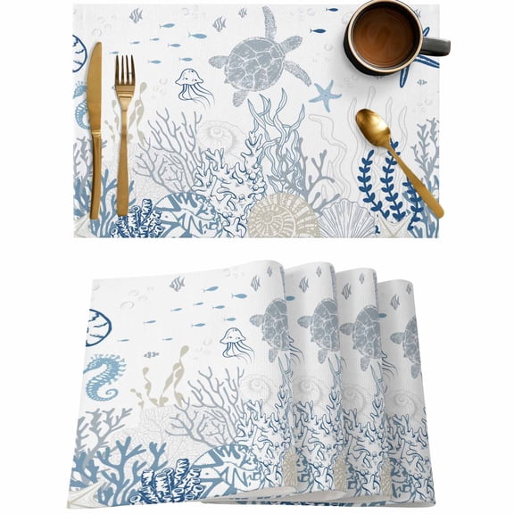Blue Ocean Coral Sea Turtle Placemats Set of 4,Wipeable Washable Table Mats for Dining Tables,Marine Life Shell Conch Place Mats for Kitchen Event Party Tabletop Decor