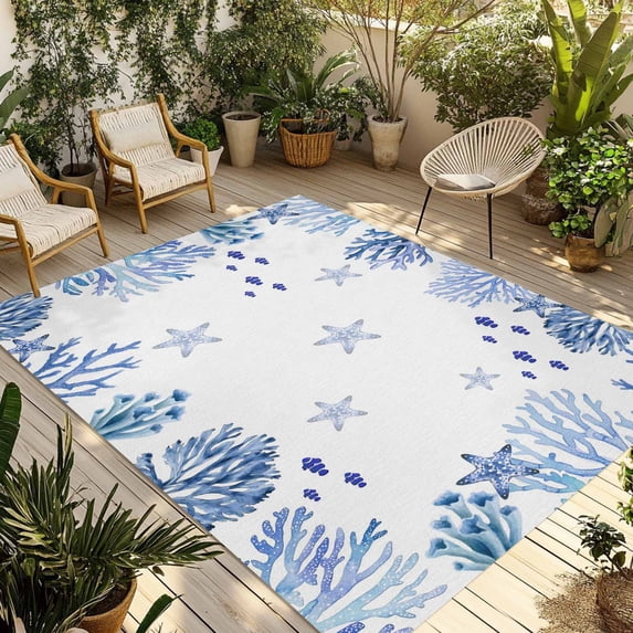 Blue Ocean Corals Outdoor Rug for Patio/Deck/Porch, Non-Slip Large Area Rug 3 x 5 Ft, Nautical Coastal Starfish Marine Life Summer Indoor Outdoor Rugs Washable Area Rugs, Camping Rug Carpet Runner
