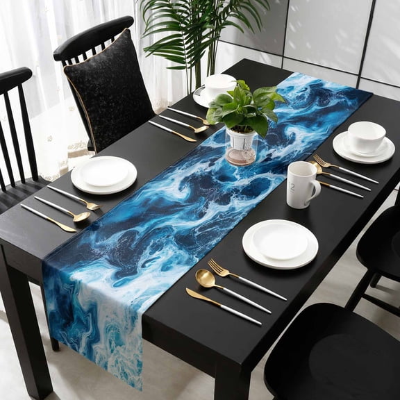 Blue Ocean Cotton Linen Table Runner 13 x 72 inch White Seawater Coastal Nature Art Non-slip Rectangular Dining Table Decor for Wedding Party Holiday Dinner