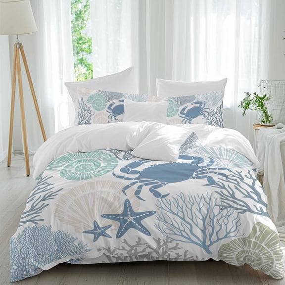 Blue Ocean Crab Full Size Comforter Set, Nautical Sea Watercolor Teal Shells Coral Starfish Bedding for All Seasons, 4 Pcs Bed Set, 1Quiltcover (86"x86") ,1Sheet(80"x116"), 2Pillowcases (30"x20")