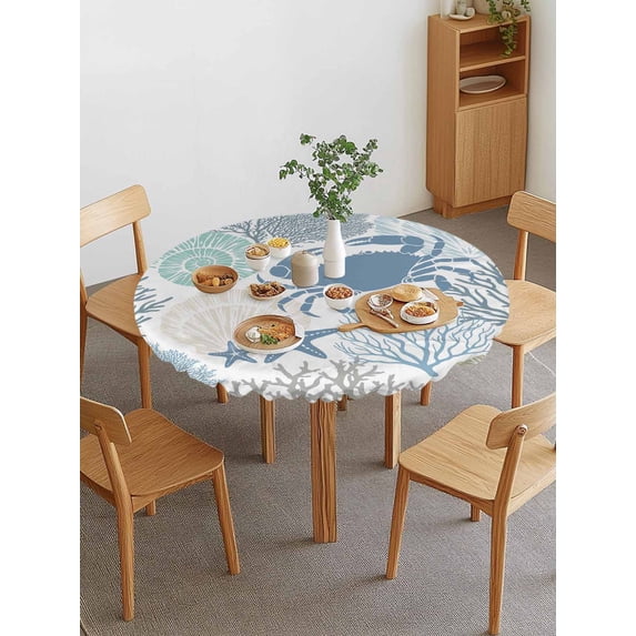 Blue Ocean Crab Round Fitted Tablecloth with Elastic Edge, Nautical Sea ...