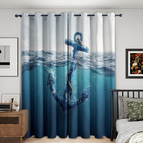 Blue Ocean Curtains for Living Room, Nautical Anchor Blackout Curtains for Bedroom, Blue Ocean Decor Window Treatments, Grommet Drapes 42"W x 84"L (Pack of 2)