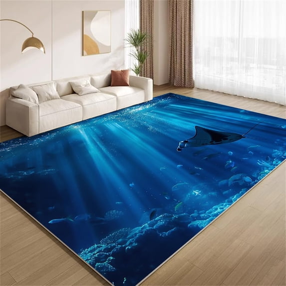 Blue Ocean Deep Sea Area Rugs, Underwater Fish Pattern Carpet, Washable ...
