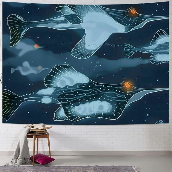 Blue Ocean Devil Fish Tapestry Wall Hanging, Sea Life Tribal Manta Animal Art Illustration Tapestries for Bedroom Home Decor Multi Color 40x30inch