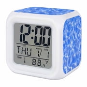 Blue Ocean Digital Alarm Clock for Bedrooms, Smart LED Alarm Clock with 7 Color Changing Night Light, Summer Coastal Modern Geometric Waves Silent Wake Up Clocks for Sleep Study Cooking 3.2"x3.2"