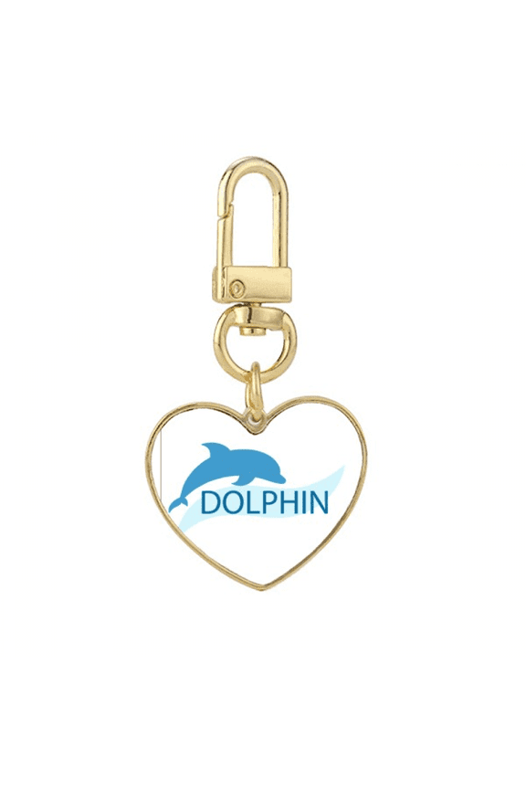 Blue Ocean Docile Dolphin Illustrate Gold Heart Keychain Metal Keyring Holder