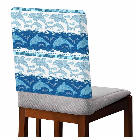 Blue Ocean Dolphin Chair Covers Set of 1 Nautical Waves Vintage Summer Ethnic Chair Back Covers Stretch Removable Washable Slipcovers Protector for Dining Room Kitchen Party Decor