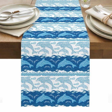 Blue Ocean Dolphin Cotton Linen Table Runner Nautical Waves Vintage Summer Ethnic Dining Table Runners for Home Decor Party Dining Room Restaurant Kitchen Party 13" x 108"