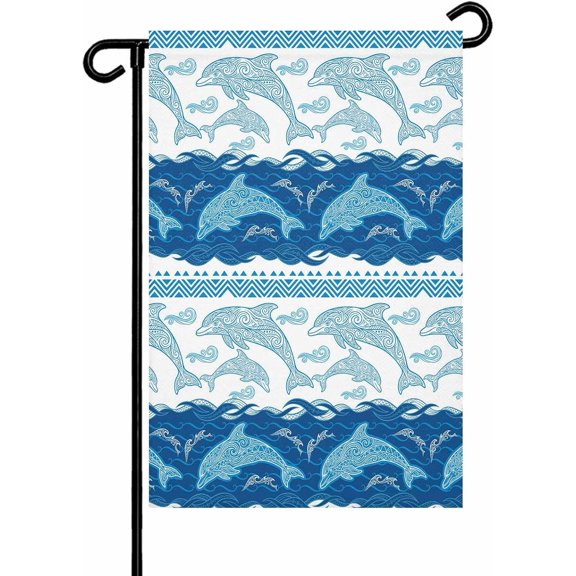 Blue Ocean Dolphin Garden Flag 12x18 Inch Nautical Waves Vintage Summer Ethnic Double Sided Yard Flags for Outdoor Decoration Welcome Flag Outside Holiday Home Garden Porch lawn Patio Sign