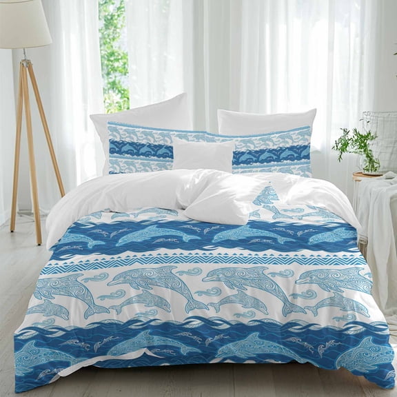 Blue Ocean Dolphin Queen Size Comforter Set, Nautical Waves Vintage Summer Ethnic Bedding for All Seasons, 4 Pcs Bed Set, 1Quiltcover (90"x92") ,1Sheet(94"x116"), 2Pillowcases (30"x20")