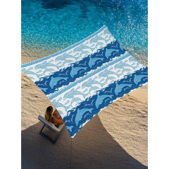Blue Ocean Dolphin Sun Shade Sail 14' x 18', Nautical Waves Vintage Summer Ethnic Rectangle Outdoor Sunshade Canopy, Waterproof UV Block Patio Covers for Garden Yard Beach