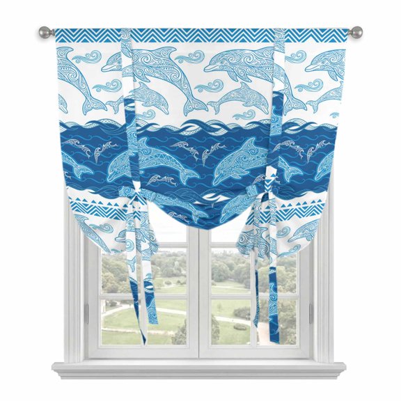 Blue Ocean Dolphin Tie Up Curtain for Window, Nautical Waves Vintage Summer Ethnic Adjustable Tie Up Balloon Curtain Valances Rod Pocket Window Treatment for Kitchen Bathroom Bedroom 42"x45"