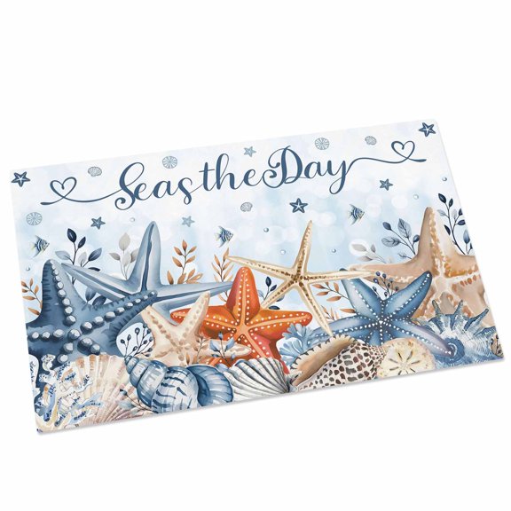 Blue Ocean Door Mat 16x24 Inch Seas The Day Eucalyptus Orange Starfish Summer Entryway Rug with Non-Slip Rubber, Front Door Mat Indoor Floor Mats for Living Room Bathroom Bedroom Home Office