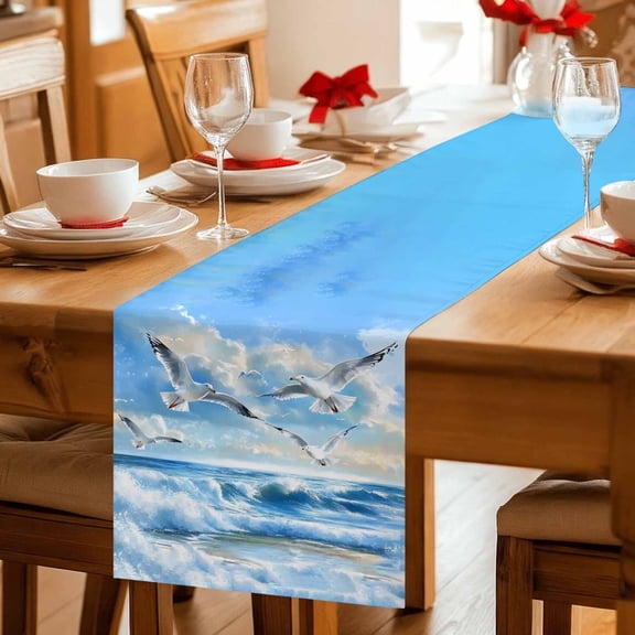 Blue Ocean Egret Bird Table Runner 36 Inches Long,Kitchen Dining Tablerunners Summer Beach Oil Painting Style Linen Table Runners Dresser Scarves for Home Dinner Wedding Holiday Party Decor
