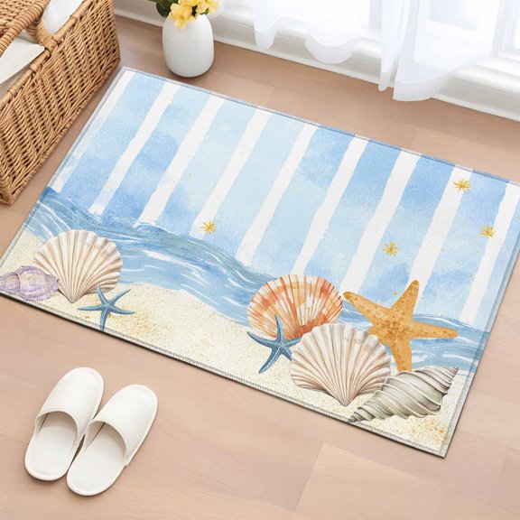 Blue Ocean Entryway Rug 2'x3'&nbsp; Non Slip Front Door Mats, Summer Marine Shells Couch Starfish Beach Watercolor Entrance Rugs Indoor Outdoor Carpet, Floor Mats Small Area Rug for Bedroom Kitchen