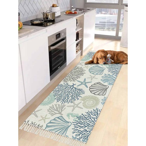 Blue Ocean Entryway Runner Rug 2x4ft,Coastal Coral Starfish Shell Conch Seahorse Washable Woven Living Room Hallway Bedroom Kitchen Carpet with Tassels,Indoor Outdoor Throw Door Mat for Entryway