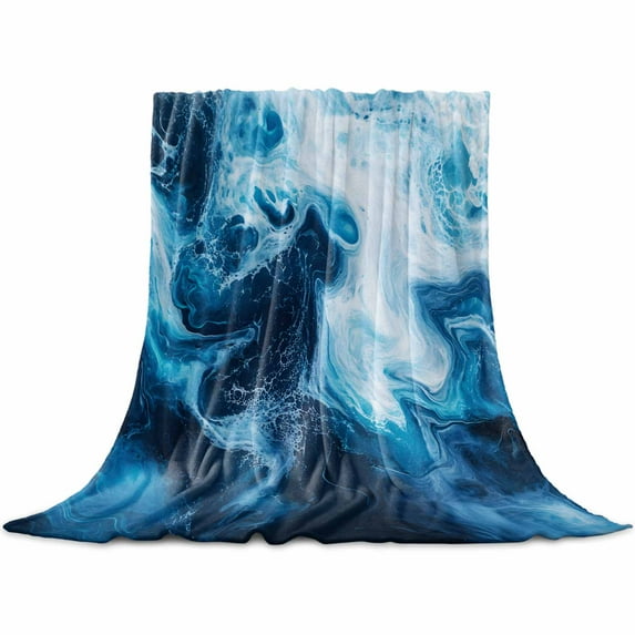 Blue Ocean Flannel Blanket for Bed, White Seawater Coastal Nature Art Soft Cozy Warm Couch Throw Blanket, Lightweight Fluffy Plush Bedding Blankets for Sofa Decor All Season 30"x40"