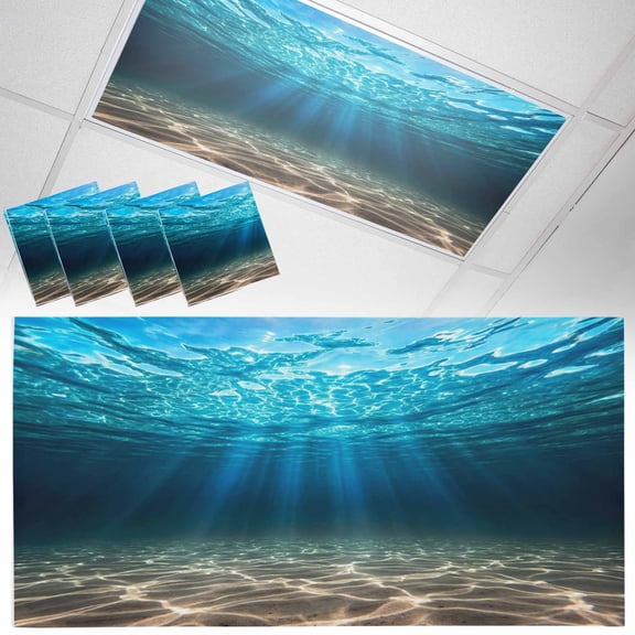 Blue Ocean Fluorescent Light Covers Underwater World Clear Water Ripple Sunlight Magnetic Light Filters Ceiling Lighting Panel Shade for Classroom Office Home 2 x 4 ft, 4 Pack