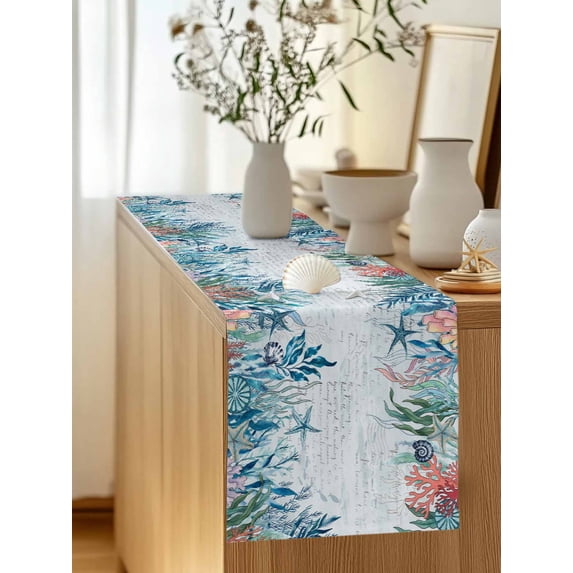 Blue Ocean Gradient Seaweed Table Runner 13x48in Non-Slip Cotton Linen Table Runners, Summer Nautical Starfish Coral Dresser Scarves TableRunner for Dinner Kitchen Dining Wedding Party